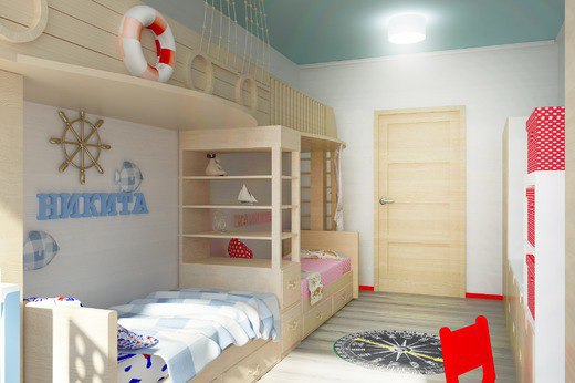 Современный дизайн детской и зала для семьи с двумя детьми
